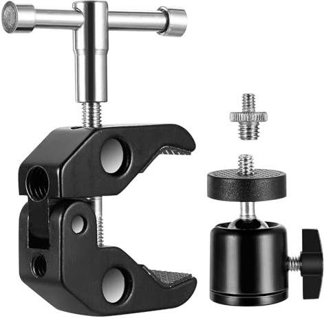 Super Clamp Mount pour Appareil Photo avec Adaptateur à Tête Sphérique, Trépied Super Pince Ttête de Trépied à Rotule Stable avec Filetage 1/4 3/8, pour Appareils Photo Flash Lumières LED