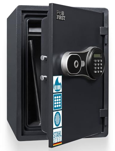 Profirst FireGuard 40 Feuerschutztresor Stahl 60 minütiger Feuerschutz Schwarz Elektronikschloss Fingerprint Notöffnung möglich Kunststofflade inkl. Befestigungsmaterial