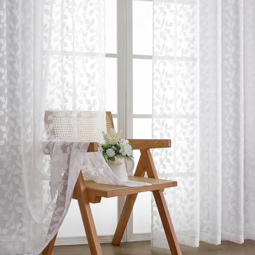 Chyhomenyc White Sheer Curtains 84 Inch Length 2 Panels Set, Light Filtering Tufted Textured Soft Airy Rod Pocket Gentle Leaf Window Treatment Drapes for Bedroom Living Room, 42 Wx84 L, 2PCS