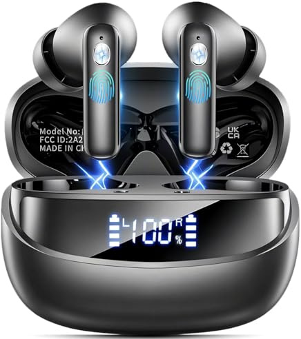 Casque Bluetooth sans fil Bluetooth 5.4 HiFi stéréo intra-auriculaire avec micro à réduction du bruit ENC, écouteurs étanches IP7, autonomie de 50 heures, avec affichage LED