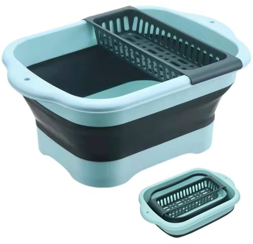 Collapsible Wash Basin Folding16.5x11.8x7.1 In Large Dish Tub with Drain Tray & Plug Portable Wash Tub with Handle & Hanging Hole for Kitchen Camping Laundry (Green)