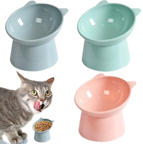 MITUMORMOR 3 Stück Katzennapf, Futternapf Katze, 15° Neigung Design Katzennapf Erhöht Fressnapf Katze, Anti Erbrechen Fressnapf Katz Wasser Fütterung Schüssel für Katzen (Rosa, Grau und Grün)