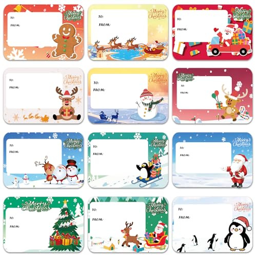 AUXHCYL Christmas Labels Stickers, 120 Pcs Christmas Sticky Labels, 12 Style Xmas Gift Tags Stickers, 65 x 45mm Self Adhesive Gift Label for Presents