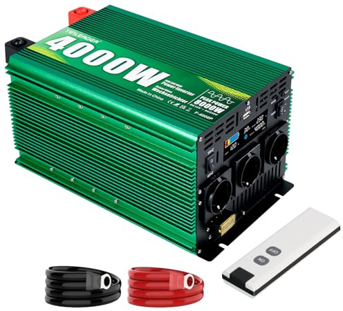 Yinleader Wechselrichter 4000W /8000W Spannungswandler Reine Sinuswelle 12V 230V mit 3 Eurosteckdosen und 1 USB Spannungsanzeige Big LCD Display mit Fernbedienung