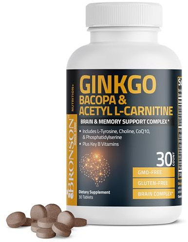 Bronson Ginkgo, Bacopa & Acetyl L-Carnitine Brain & Memory Support Complex with L-Tyrosine, Choline, CoQ10 & Phosphatidylserine Plus Key B Vitamins Non-GMO, 30 Tablets