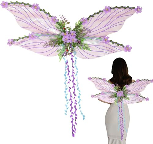 Vmiorzq Ailes de fée pour Adultes, Ailes de Papillon pour Adultes avec Fleurs et Feuilles décoratives en 3D | Accessoire de déguisement pour Filles, Femmes, congrès Fantaisie, événement, Performance