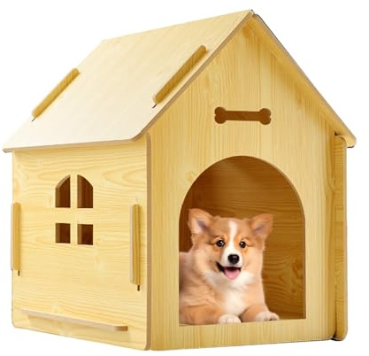 Hundehütte aus Holz, Abnehmbarer, regenfester Unterschlupf, Outdoor-Katzenhaus mit, für Welpen, kleine, mittelgroße und große Rassen, Balkon, Garten, Terrasse, Hof