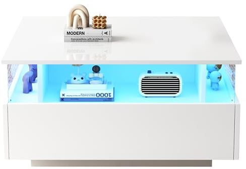 odikalo Couchtisch Quadratisch Wohnzimmertisch 70×70×41cm, Oberfläche aus Gehärtetem Glas, LED Beleuchtung durch APP Steuern, 2 Schubladen, Weiß