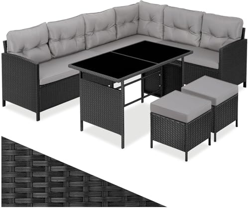 tectake® Conjunto Jardín de Ratán Mesa y Cojines, Conjunto Terraza Resistente a la Intemperie, Muebles Jardín Exterior 5 Piezas, Sofá de Esquina, 2 Taburetes y 1 Mesa - Negro/Gris