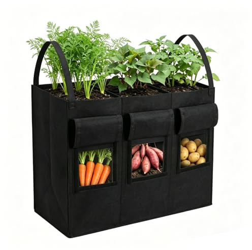 Les-Theresa Plant Grow Bags, 24 Gallon Vegetable Grow Bags with Handle Nonwoven Fabric Planting Pot, Vegetable Growing Containers Indoor Outdoor Planting Bag for Flowers Fruits Herbs (3 Grid)