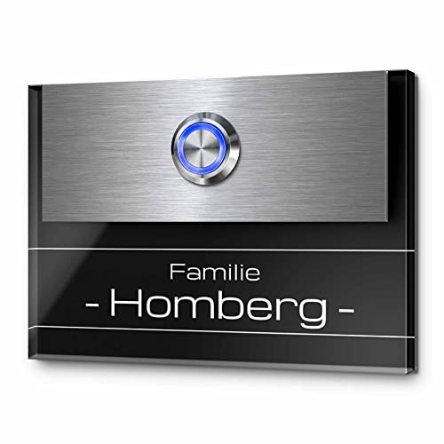 Edle Türklingel mit Gravur und LED-Klingelknopf und über 99 Motive personalisierbar 11x8 cm | Modell: Homberg-As | gravierte Klingel aus Hochglanz Acrylglas und Edelstahl Klingelschild Klingelplatte