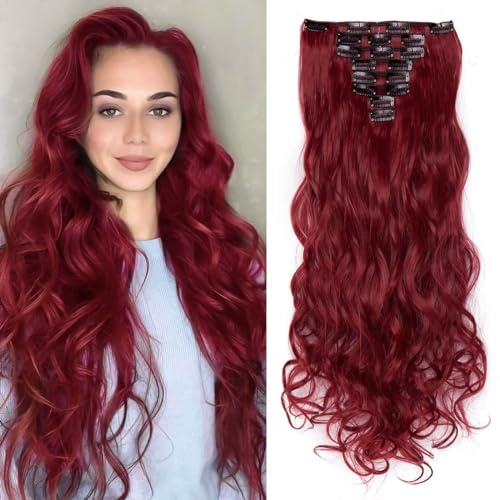 TESS Clip in Extensions wie Echthaar Haarteile günstig Haarverlängerung 8 Tressen 18 Clips Haarteil Gewellt 24(60cm)-140g Rot