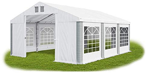 DAS COMPANY Festzelt Partyzelt Faltpavillon - Gartenpavillon Pavillon Weiß Mit Seitenteilen - Wasserdichtes Stabiles PVC 560g/m² Universalzelt - Klappbarer Garten Lagerzelt Moskitonetz Weiß-Grau 4x6m