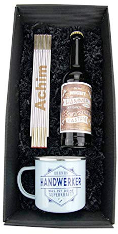 Geschenkbox Vatertag - Bier - Emaille-Becher - Zollstock mit Gravur zur Auswahl - Geburtstag - Handwerker - Mann, Zollstöcke:-Lothar