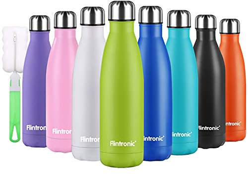 flintronic Bottiglia Acqua in Acciaio Inox, 500ML Portatile Borraccia, Senza BPA, Termica, con Spazzola per Scuola, All'aperto, Yoga, Palestra