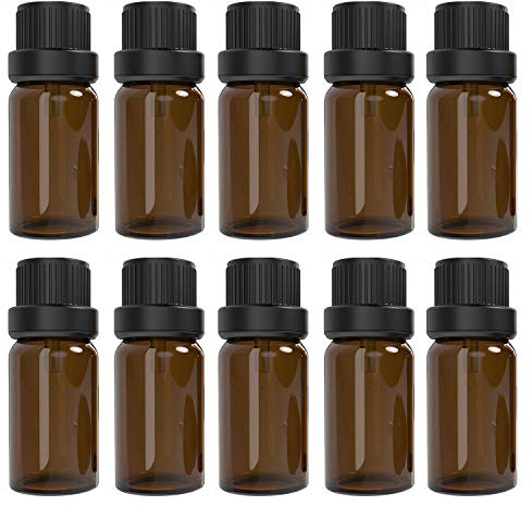 Alledomain 10 stycken, 10 ml etiska oljor, bärnsten, glasflaskor med svart lock och droppare, 12 etiketter, mini tom bärnstensflaska, provbehållare för massageoljor, BRUN