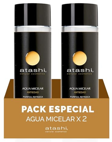 atashi Antiedad - Agua Micelar | Purifica, Refresca y Tonifica | Piel Sensible | Desmaquilla Rostro, Ojos y Labios | Micelas de Origen 100% Natural | Extractos BIO de Limón con Vitamina C - 250ml (x2)