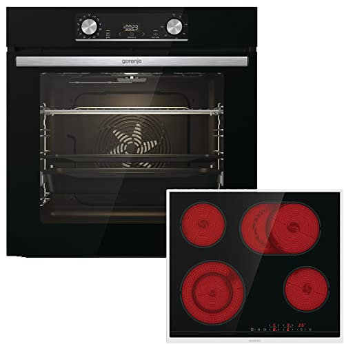 Gorenje 738885 Einbaubackofen-Set OptiBake Black Steam Set / 77L / Heißluft/AquaClean/GentleClose & Open/AirFry/Pizzamode 300°C/PerfectGrill/Glaskeramik-Kochfeld/schwarz