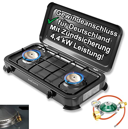 Bluecraft Campingkocher 2 flammig mit Zündsicherung, Schlauch & Manometer