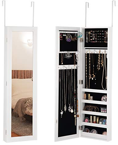 GOPLUS Armoire à Bijoux Murale avec Miroir, Rangement Plein Longueur, Organisateur de Colliers et Accessoires, Monté sur Porte Murale, Crochet de Collier