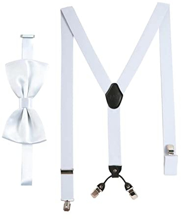 Massi Morino hängslen med fluga set för män och kvinnor I Y-formade remmar elastiska med extra starka klämmor – 3,5 cm breda – justerbar längd I förbunden trosa för kostym, Vit, En Storlek