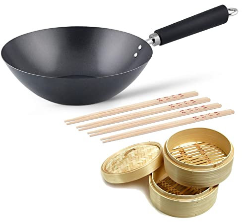 Ken Hom Wokpfanne 27 cm Induktion aus Karbonstahl antihaftbeschichtet mit Phenolharz-Griff - Wok Set inkl. Dampfkorb 20 cm und 8 Essstäbchen - für verschiedene Herdarten geeignet