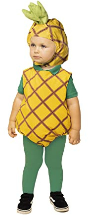 Rubies Ananasdräkt för pojke och flicka, babystorlek 1–2 år, ananas apa gul, gröna strumpor och mössa, original Rubies för halloween, jul, karneval och födelsedag.