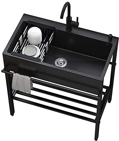 Lavello Cucina Nero 1 vasca,100x45x86cm Lavandino in Acciaio Inox con Scolapiatti,Lavabo di Utilità con Rubinetto,Lavelli Commerciale Autoportante,Lavatoio da Giardino Campeggio,per Interni Esterni