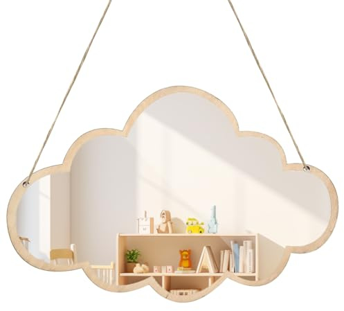 Hapivida Specchio da parete decorativo, specchio nuvoloso, con cornice in legno, specchio acrilico adesivo, specchio adesivo per decorazione da parete per soggiorno, camera da letto, bagno, cameretta