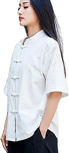 Lazutom Chemise à manches courtes en coton et lin pour femme - Motif grenouille chinoise - Kung Fu, Tai Chi Zen - Tenue d'arts martiaux, blanc, taille unique