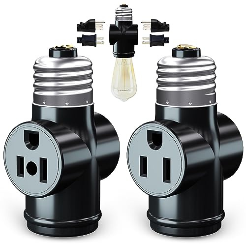 2 Pack, Light Socket to Plug Adapter, Convert E26 Light Socket to 3-Prong Outlet Adapter and Light Bulb Socket (Black)