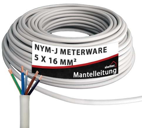 siwitec NYM-J 5x16 mm² Kabel, Mantelleitung, Installationskabel, Feuchtraumkabel in grau, exakt zugeschnittene Meterware in Profi-Qualität, Länge (aktuelle Auswahl) = 7 Meter