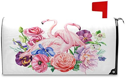 Rosa Flamingo-Rosen-Mohnblumen-Briefkastenabdeckungen, magnetisch, Standard-dekorative Briefkastenabdeckung, Wrap, Garten-Briefkästen, Hof, Outdoor, Bauernhaus, Heimdekoration, 53,3 x 45,7 cm