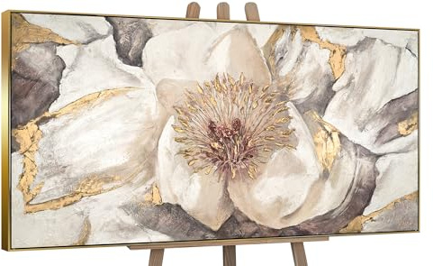 YS-Art Pittura acrilica su tela Malva Soggiorno arte astratta moderna dipinta a mano grande fiore biondo con cornice 140x70 cm