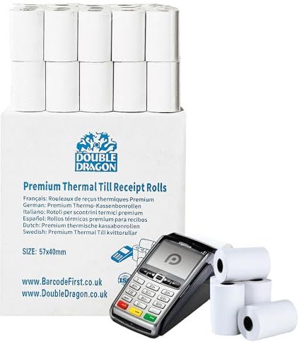 10 Rolls Double Dragon 57 x 40 mm Thermal Paper Till Receipt Rolls for PDQ & POS Machines | Credit Card Receipt Paper (Packaging May Vary)