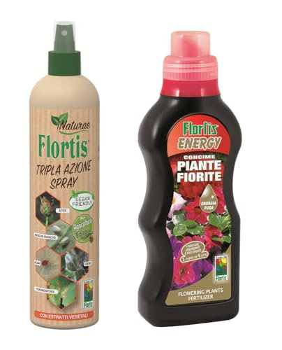 Flortis Kit Benessere Fiori. Insetticida piante, fungicida sistemico, acaricida spray 1000ml e concime liquido concentrato Energy Gerani e Piante fiorite 500g. Fertilizzante piante e protezione.
