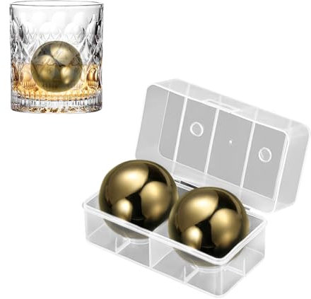 2 Pezzi Palline da Whisky in Acciaio Inox con Scatola Portaoggetti, 55 MM Sfere di Ghiaccio in Metallo, Cubetti di Ghiaccio Riutilizzabili, Pietre di Raffreddamento Rotonde, per Cocktail/Birra (B)