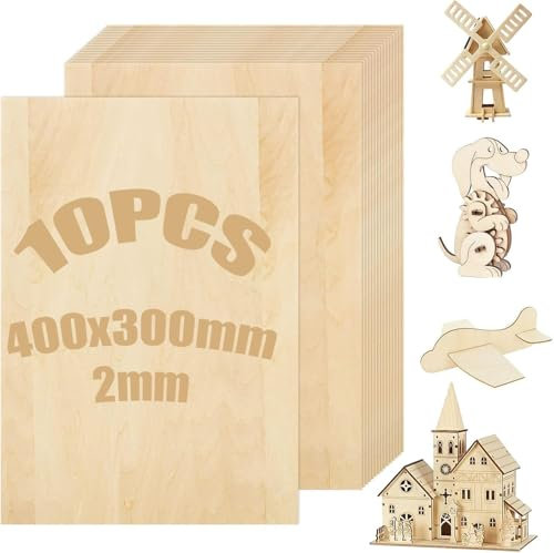 ASelected 10 fogli di compensato in legno di betulla, 400 x 300 x 2 mm, formato A3, per progetti laser, modello fai da te, arte e artigianato, pittura