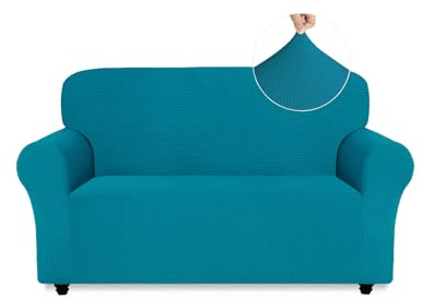 Easy-Going Stretch Sofa Überzug 2 Sitzer, Rutschfester Sofabezug für Hund Katze, Stilvoller Jacquard Couch Überzug Bezug, Weicher Küchensofa Couch Cover, 1 Stück Sofaschoner mit Armlehnen, Pfauenblau