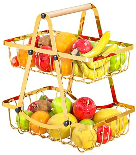 BACKTOUR 2 Stöckig Obstkorb Etagere, Obstschale Metall Schwarz mit Holzgriff, 2 Etagen Obstschale Moderne für Obst, Gemüse, Snacks, Brot, Küche, Abnehmbar Obst Halter Aufbewahrung (Golden)
