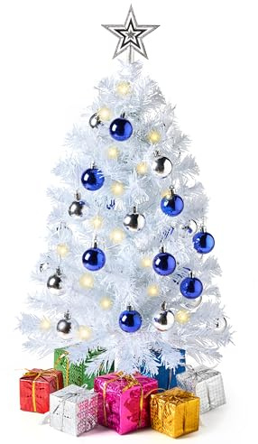 JOIEDOMI 24 Kleiner Weihnachtsbaum mit Lichtern, Tisch-Weihnachtsbaum mit Sternenbaumkrone, vorbeleuchteter künstlicher Weihnachtsbaum, weißer LED-Minibaum für Weihnachtsdekorationen