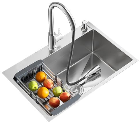 GODFSAHG Küchenspüle aus Edelstahl, großes rechteckiges Einzelbecken mit ausziehbarer Mischbatterie, Multifunktionsspüle, Einbauspüle inklusive mehrerer Zubehörteile (68 x 45 cm)