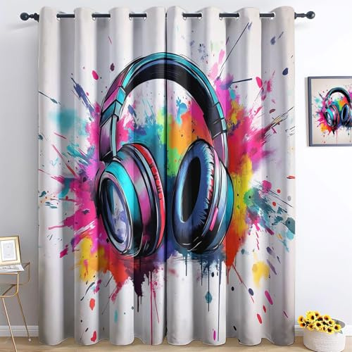 Bedruckte Verdunkelungsvorhänge mit Ösen, Musik Graffiti Kopfhörer Blickdicht Thermo Isoliert Vorhänge, Privatsphäre Schützende Gardinen für Kinderzimmer Jungen Schlafzimmer 2er Set, H 160 x B 70 cm