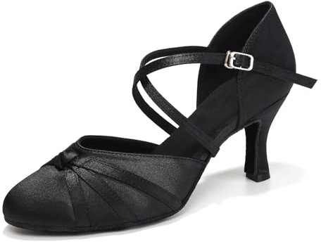 VCIXXVCE Damen Tanzschuhe Schwarz Geschlossene Satin Salsa Tango Ballsaal Latein Tanzschuhe mit 7cm Absatz Wildledersohle, 39 EU