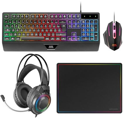 Mars Gaming MCP124PRO, Gaming Combo 4i1, RGB H-Mech Tangentbord med Handledsstöd, RGB Mus 3200DPI och HUANO-switchar, FRGB Headset, Nanotextil Musmatta 36x26cm, Multiplattform, Franska, Svart