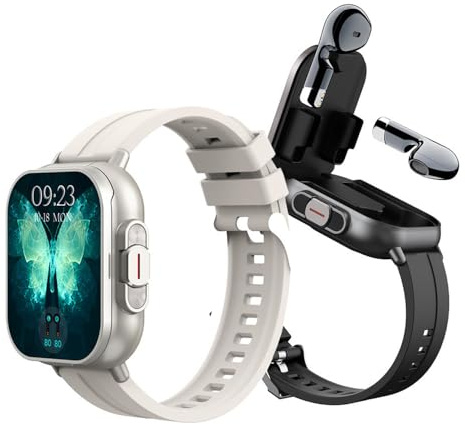 Smart Watch with Earbuds, 2,01 HD Smartwatch Health and Fitness Tracker för Män Kvinnor (svara/ringa samtal) Fitness Watch ForiOS for Android (Svart stål)