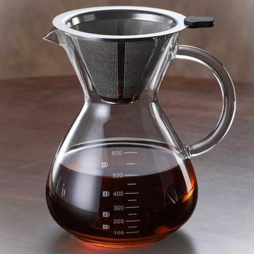 Tamimarch Pour Over Coffee Maker - 20 Oz (600ml) Borosilicate Glass Carafe - Reusable Stainless Steel Filter Paperless Dripper - For Home & Office & Resteraunt & Camping