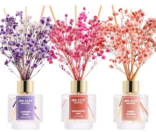 Airkeep Raumduft 50ml x3, Reed Diffuser mit Lavender Thyme, Sandalwood Rose, Cherry Blossom, Raum Duft mit 24 Duftstäbchen, Lufterfrischer für Badezimmer, Wohnung, Heimdekoration
