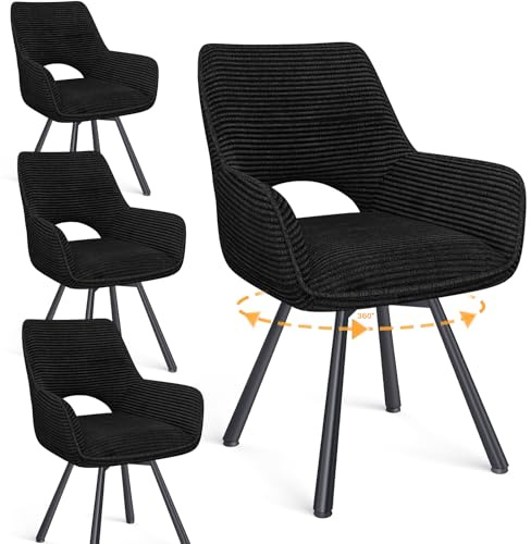 WAFTING Esszimmerstühle 4er Set Drehbar 360°, Armlehnstuhl, Schwarz | Metallbeinen,Cord Stoff,Küchenstühle,Wohnzimmerstuhl,Polsterstuhl mit Samt,Esszimmer,Restaurant,Schlafzimmer,Konferenzraum