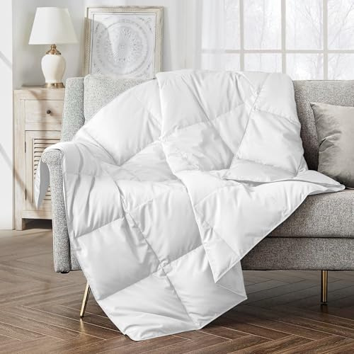 puredown® Soft Feather Down Throw Blanket Lightweight Packable Couch Throw for Indoor and Outdoor Use, Throw 50X70, Pure White